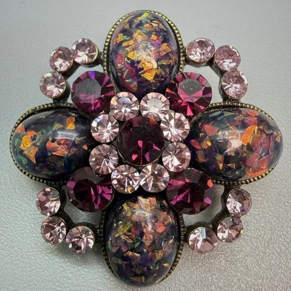 Purple‎ Pink Confetti Glass Rhinestone Floral Brooch Foiled Statement